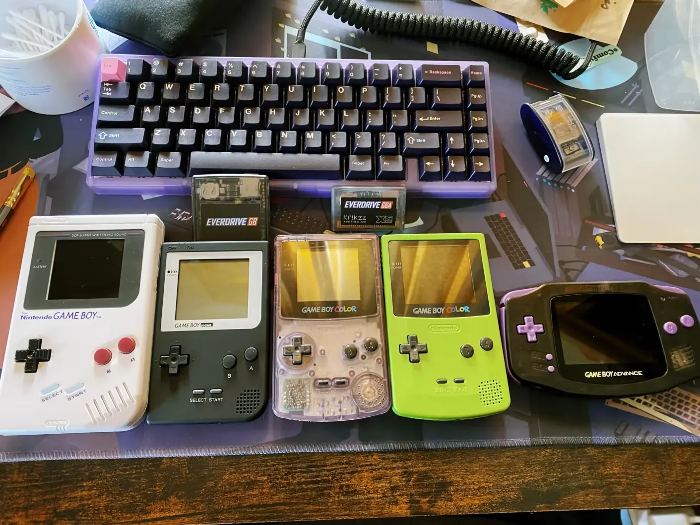 Image of a DMG Gameboy, Gameboy Pocket, Gameboy Color, and Gameboy Advance